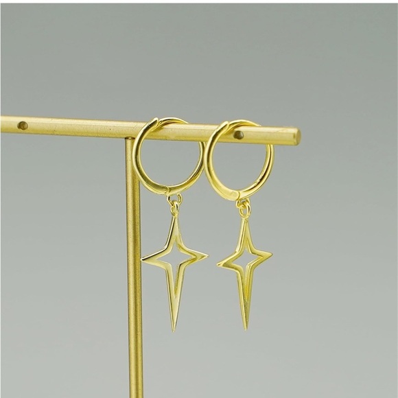 Sterling Silver Hinged Hoop 4 Point Star Cross Drop Hoop Earrings - Picture 3 of 6